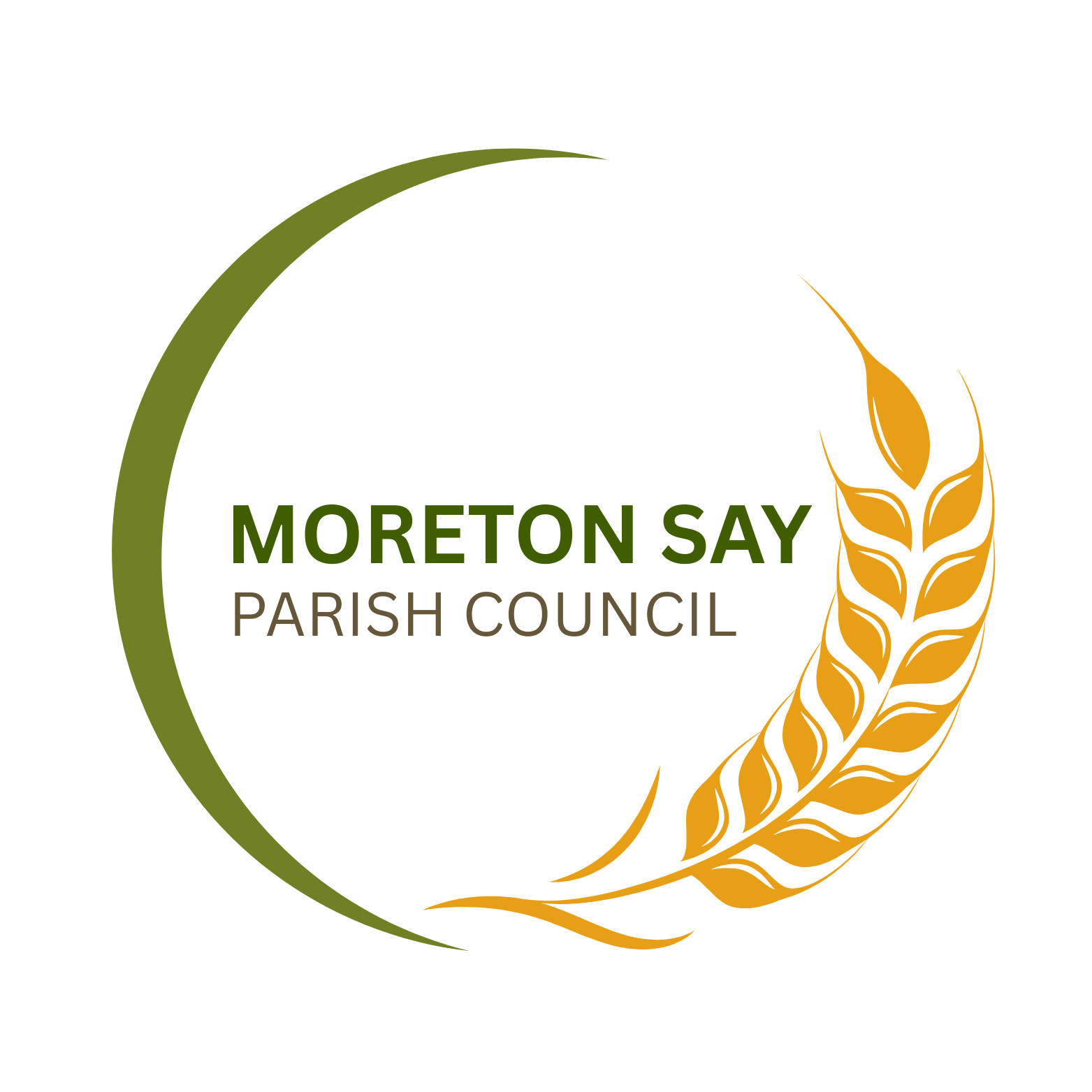 Circle of golden corn with green stalk. Inside the circle are the words Moreton Say in capital bold font. With 'Parish Council' underneath, non bold, but capitalised.